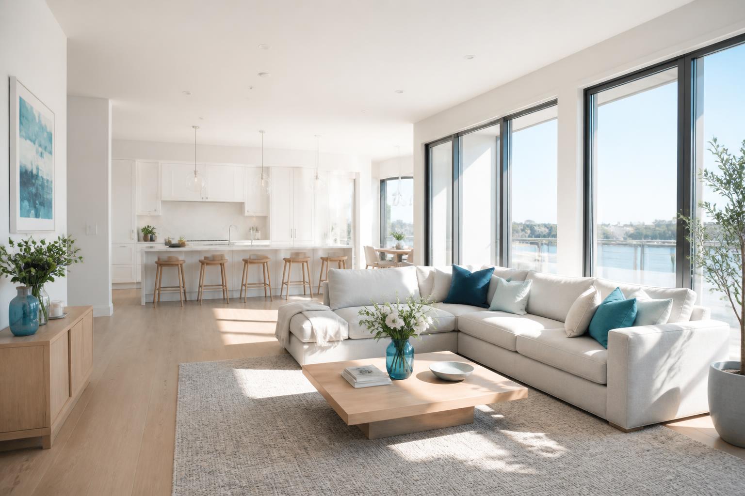 Lichtdurchflutetes, perfekt wiederhergestelltes Premium-Wohnzimmer mit makellosen Wänden
